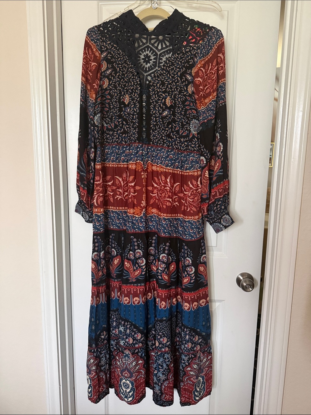 FARM Rio Boho Maxi Dress with Rust and Blue Patchwork